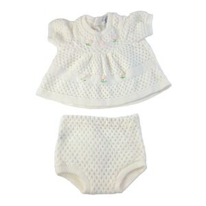 Vintage Baby Girl 12M Knitted Sweater Brief Pant Set White Acrylic K-Mart 1980s